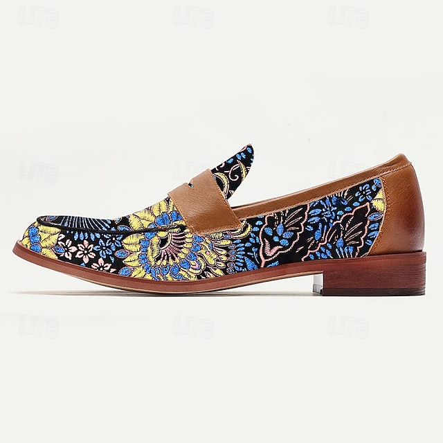  Men's Loafers Blue Floral Embroidered Leather