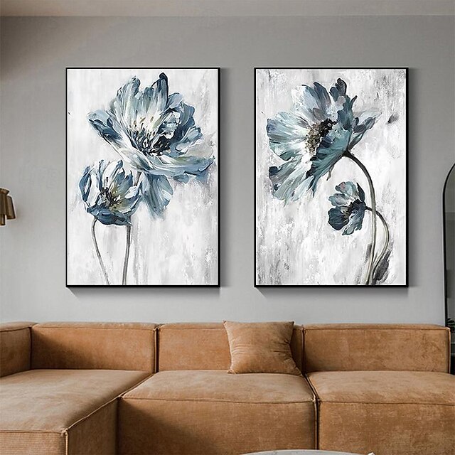 Large Original Flower Oil Painting On Canvas Blue Gray Texture Wall ...