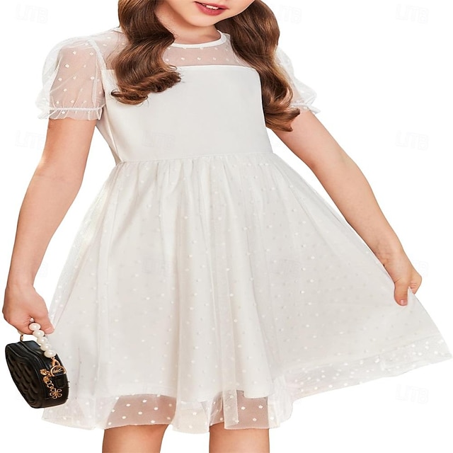  Girls Dress Contrast Mesh Puffy Short Sleeve A Line Casual Party Dress 3-12 Years