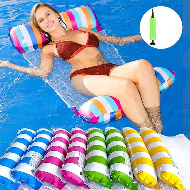  Fila flotante inflable de pvc para piscina, hamaca plegable de tela de red de agua a rayas, silla de salón de diversión para adultos, cama flotante