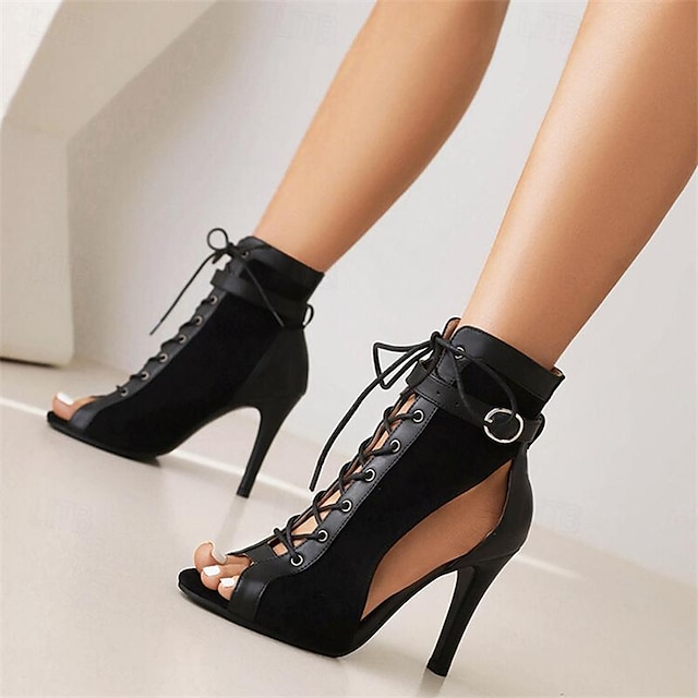  Women's Heels Sandals Boots Summer Boots Lace Up Boots Heel Boots Party Club Lace-up Stiletto Peep Toe Fashion Minimalism Faux Suede Buckle Almond Black