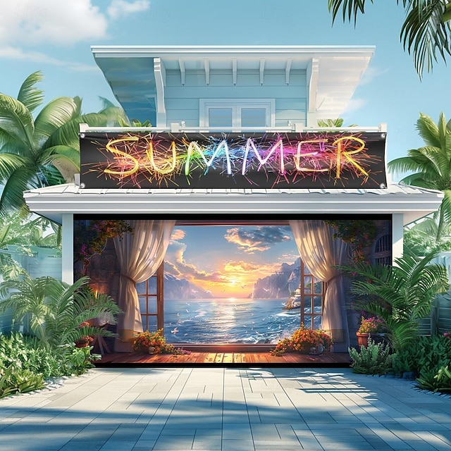  Летняя гаражная дверь баннер пейзаж покрытие гаражной двери висит пляжный пейзаж фон украшение для гавайской тропической вечеринки у бассейна в помещении и на открытом воздухе фоновый декор
