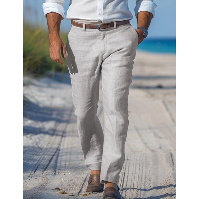  Męskie Lniane spodnie Spodnie Letnie spodnie Spodnie plażowe Prosta noga Równina Komfort Na zewnątrz Codzienny Moda miejska Elegancki Biały Granatowy