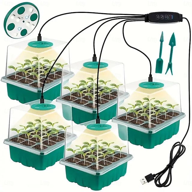  LED Glow Lights Plants Seed Starter Trays with 12 Holes Per Tray Nursery Pots Lamp USB Powered Full Spectrum LED Growing Lights for Indoor Plant Seedling Flowers Greenhouse Trays