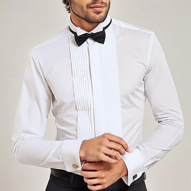  男性用 シャツ ボタンアップシャツ ブラック ホワイト 長袖 平織り ラペル 春 & 秋 結婚式 パーティー 衣類 プリーツ