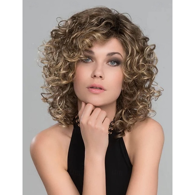  Short Brown Curly Wigs for Women Mixed Blonde Synthetic Wig Bouncy Curly Hair Replacement Wig Curly Wig with Dark Roots Sliver Blonde Grey