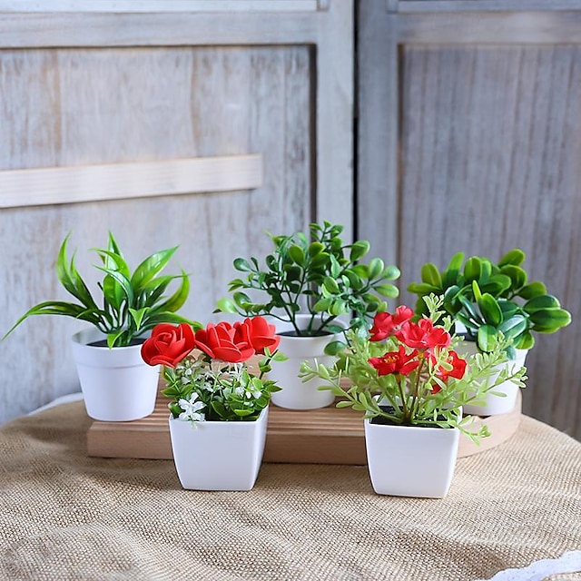  5 unidades / conjunto mini vasos de plantas artificiais - conjunto de plantas artificiais realistas para decoração de casa e escritório