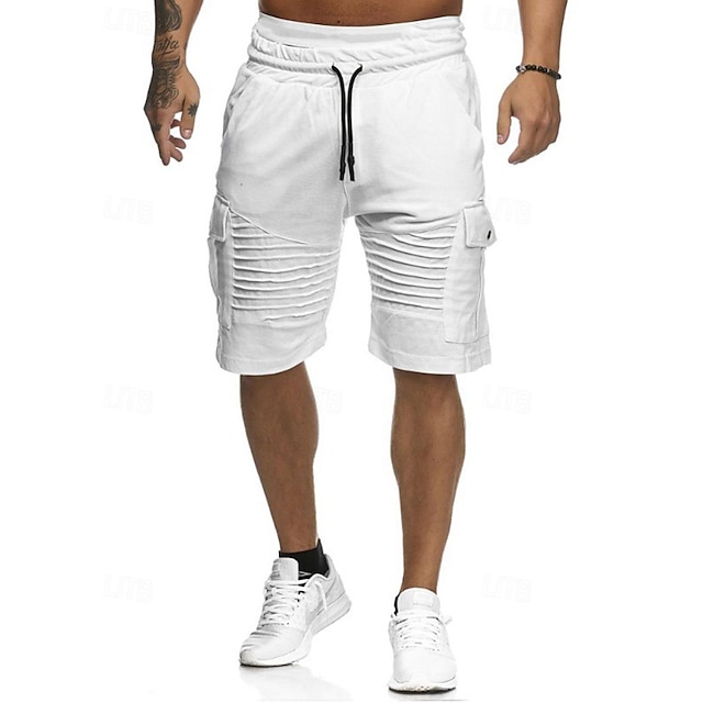  Homens Bermuda Cargo Shorts de moletom Calção Bermudas Cintura elástica Bolso multi Pregas Tecido Conforto Esportes Comprimento do joelho Ao ar livre Diário Moda Roupa de rua Preto Branco