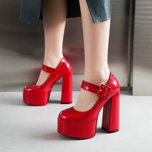  Women's Heels Mary Jane Party Club Buckle Chunky Heel Round Toe Fashion Minimalism Microbial Leather Patent Leather Ankle Strap Black White Red