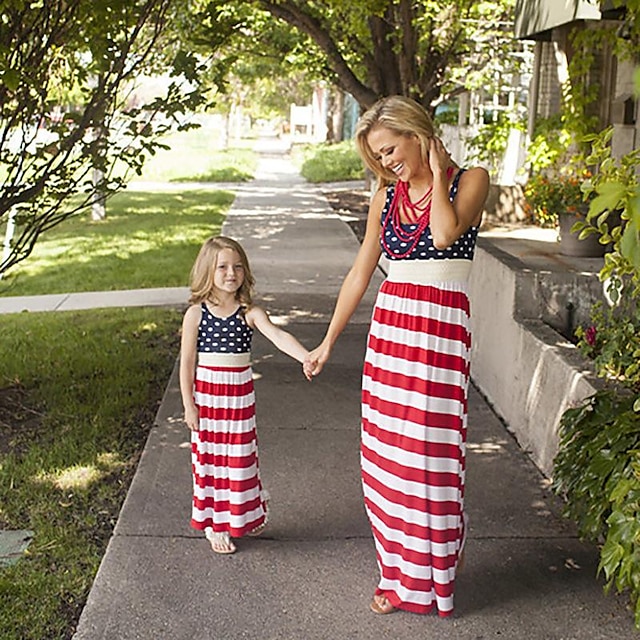  mamma och jag kvinnor och flickor 4 juli självständighetsdagen prickiga stjärntryck rand lång maxiklänning