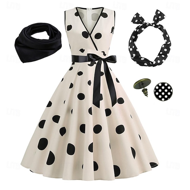 Womens A Line Rockabilly Dress Polka Dots Swing Dress Flare Dress With Accessories Set 1950s 7405