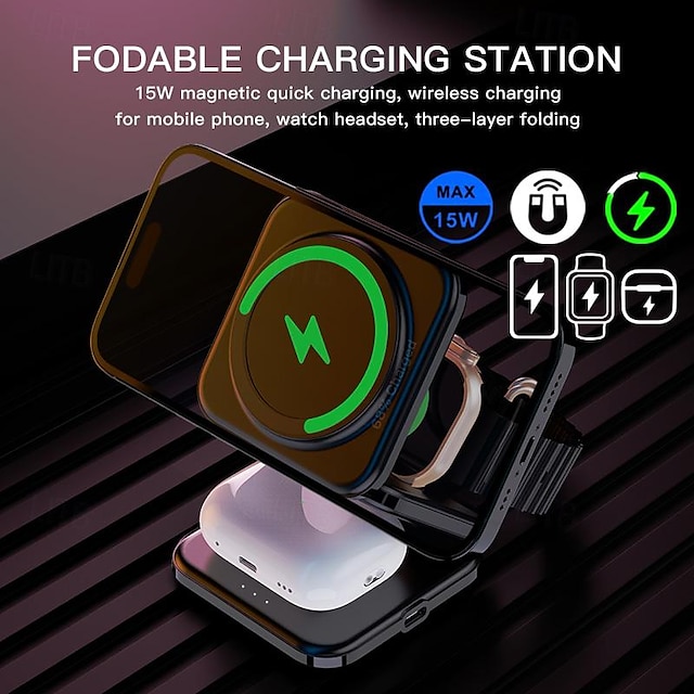  Wireless Charger 15 W Output Power Wireless Charging Station CE Certified Fast Wireless Charging MagSafe Magnetic For Apple Watch iPhone 14/13/12/11 Pro Max Apple Watch Series SE / 6/5/4/3/2/1