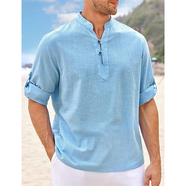  Pánské Košile plátěná košile Popover košile Letní košile Plážová košile Vodní modrá Dlouhý rukáv Bez vzoru Kulatý límeček Jaro léto Ležérní Denní Oblečení