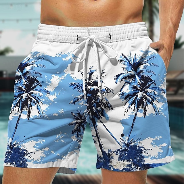  pantaloncini da surf da uomo albero di cocco pantaloncini hawaiani costume da bagno coulisse con fodera in rete elastico in vita breve vacanza spiaggia streetwear