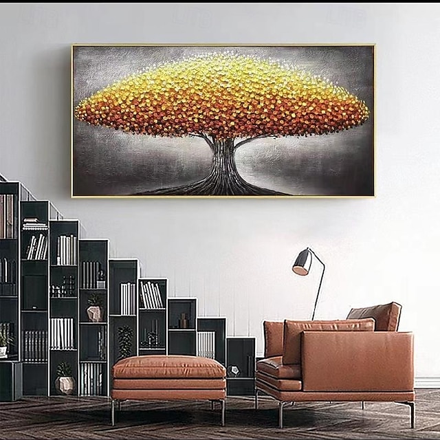  gran árbol de oro paisaje pintura al óleo sobre lienzo original 3d texturizado naturaleza bosque pared arte sala de estar pared arte decoración arte gris sin marco
