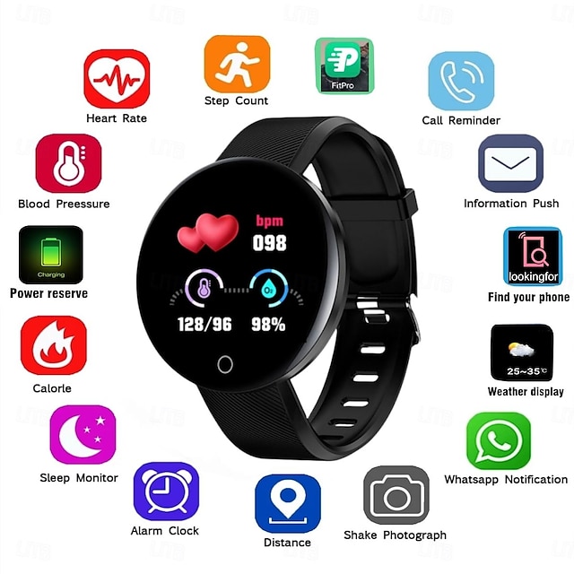  D18 Smartwatch 1.44 Zoll Smart-Armband Bluetooth Schrittzähler Anruferinnerung Schlaf-Tracker Kompatibel mit Android iOS Damen Herren Nachrichterinnerung Kamera Kontrolle Step Tracker IPX-5 46mm