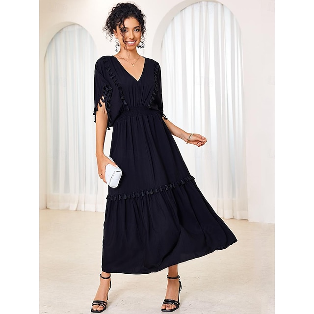  Femme Coton robe noire Plein La frange Col V Robe Maxi Uni Bohème Vacances Manche Courte Eté