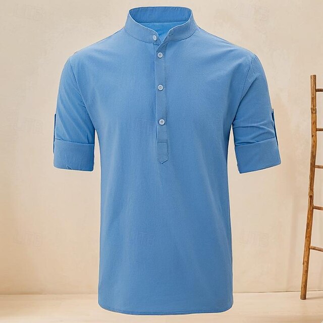 Men's Shirt Linen Shirt Cotton Linen Shirt White Cotton Shirt Chinese Collar Shirt Mandarin Collar Shirt Plain Vacation Street Black White Navy Blue Blue Short Sleeve Standing Collar Summer Clothing 17