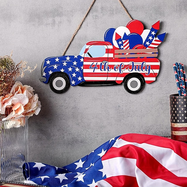  Decoración del día de la independencia: placa de puerta con bandera americana para días festivos nacionales, decoración colgante de madera para el hogar y el coche.