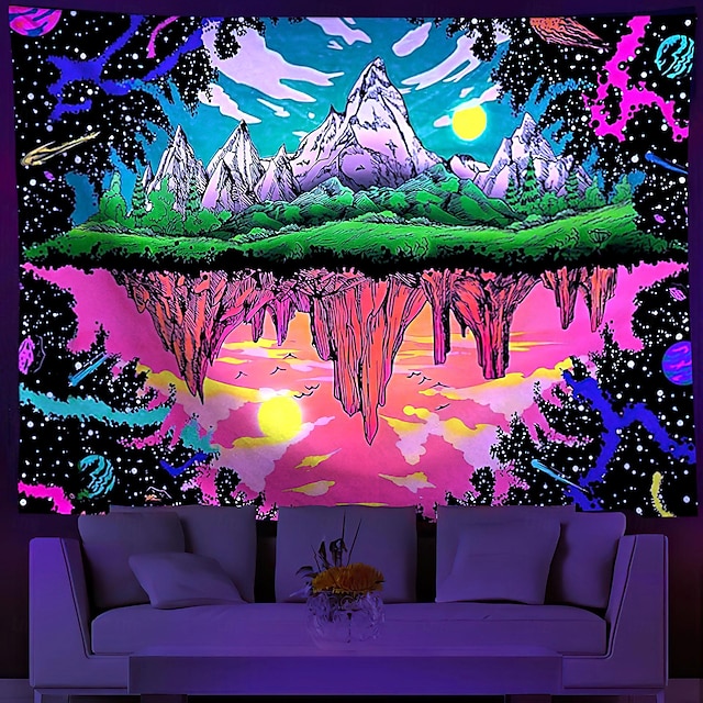  Blacklight Tapestry UV Reactive Glow in the Dark Mountain Reflexion Trippy Misty Nature Landscape Hanging Tapestry Wall Art Mural for Living Room Bedroom