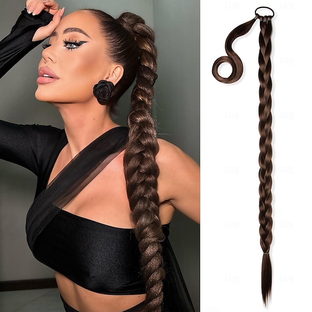  Long Braided Ponytail Extension with Hair Tie Dark Brown Straight Wrap Around Hair Extensions Ponytail Natural Soft Synthetic Hair Piece for Women Daily Wear 32 Inch