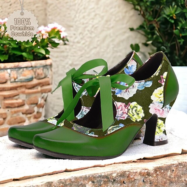  Women's Vintage Shoes Mary Jane Handmade Shoes Vintage Shoes Wedding Party Bowknot Kitten Heel Pointed Toe Elegant Vintage Premium Leather Lace-up Green