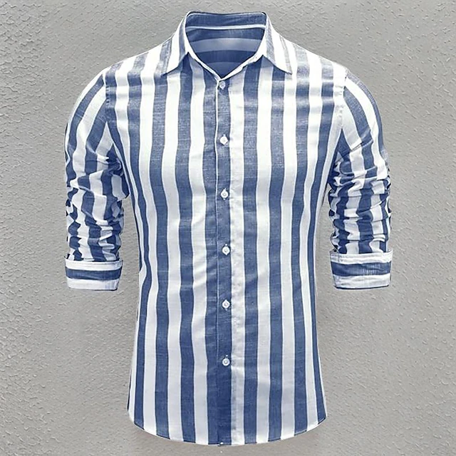 Men's Shirt Linen Shirt Casual Shirt Cotton Shirt Striped Shirts Stripes Vacation Hawaiian Yellow Red Navy Blue Blue Long Sleeve Lapel Spring & Fall Clothing Apparel Button-Down 16
