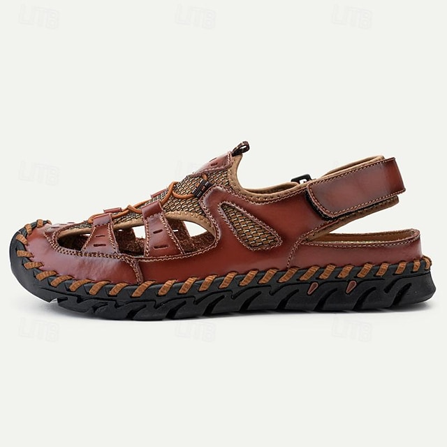  Bărbați Sandale Sandale plate Piele Respirabil Comfortabil Anti-Alunecare Panglică Roșu Vin Negru Maro