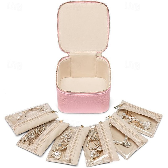  Pudełka na biżuterię ze sztucznej skóry do przechowywania w podróży z 6 przezroczystymi torebkami na biżuterię, podróżny organizer na biżuterię - kompaktowe pudełko do przechowywania biżuterii na