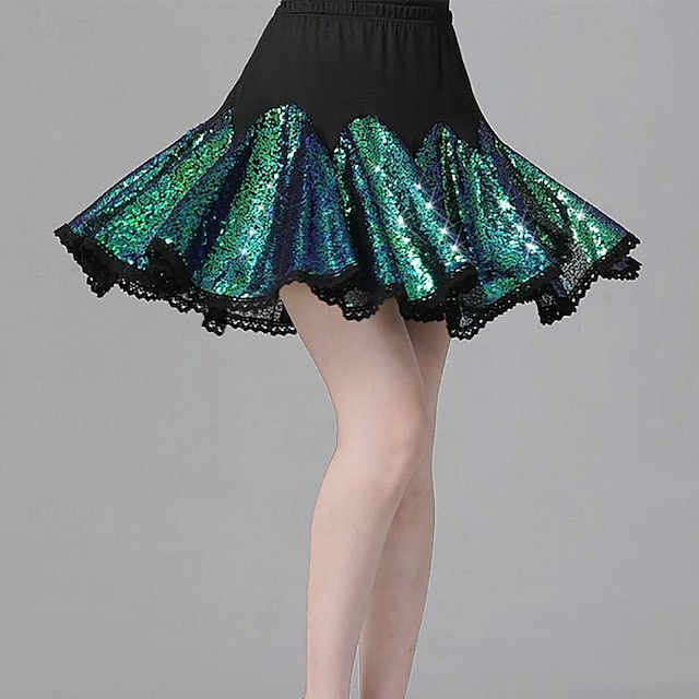  Latin Dance Ballroom Dance Skirts Pure Color Ruffle Splicing Women's Performance Training High Polyester
