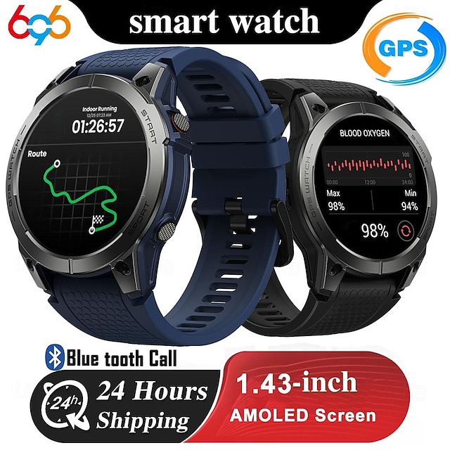  696 Stratos3pro Reloj inteligente 1.43 pulgada Smartwatch Reloj elegante Bluetooth Podómetro Recordatorio de Llamadas Seguimiento del Sueño Compatible con Android iOS Hombre GPS Llamadas con Manos
