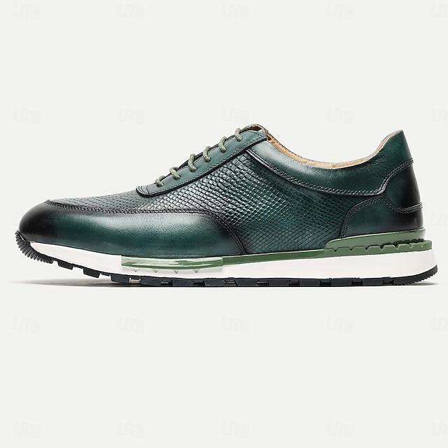  Men's Dress Sneakers Leather Italian Full-Grain Cowhide Slip Resistant Lace-up Dark Green