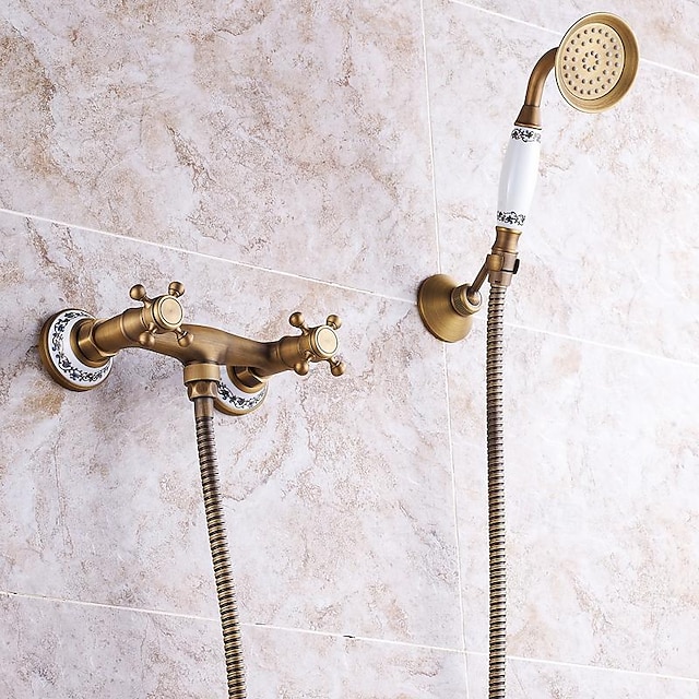  Смеситель для душа Устанавливать - Ручная лейка входит в комплект Старинный Старая латунь Внешнее крепление Медный клапан Bath Shower Mixer Taps