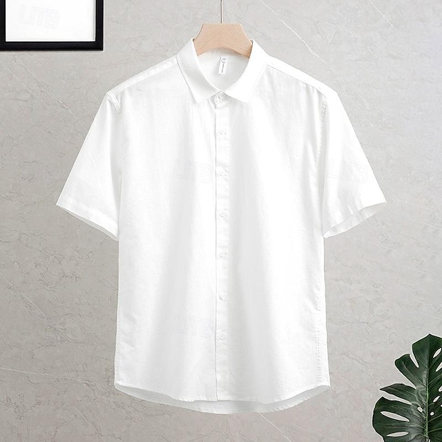  Homens Camisa Social camisa de linho Camisa casual Camisa de algodão Branco Verde Tropa Damasco Manga Curta Tecido Lapela Verão Rua Havaiana Roupa Botão para baixo