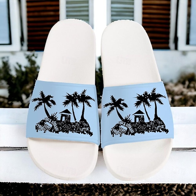  Homens Chinelos e flip-flops Chinelos Imprimir sapatos Casual Estilo Praia Férias PVC Prova-de-Água Confortável Antiderrapante Branco Azul Verão