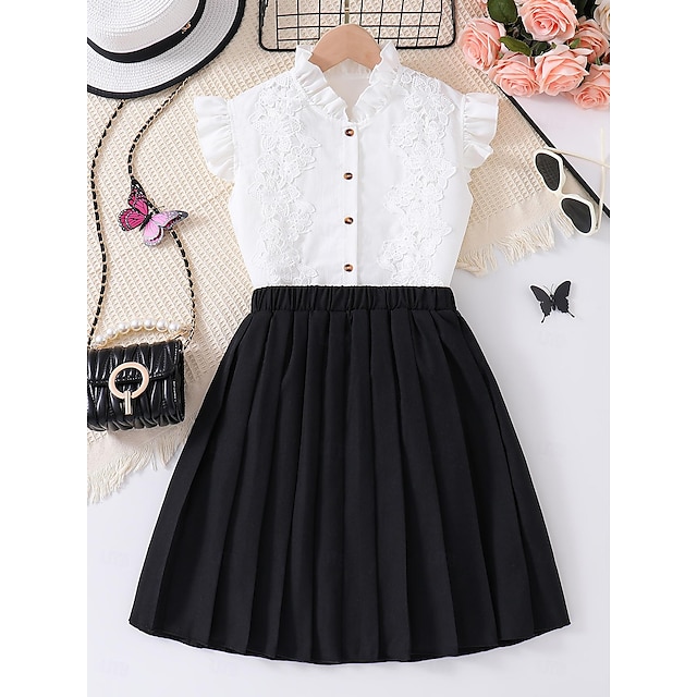  2 Pieces Kids Girls' Solid Color Crewneck Dress Suits Set Sleeveless Fashion School 7-13 Years Summer White