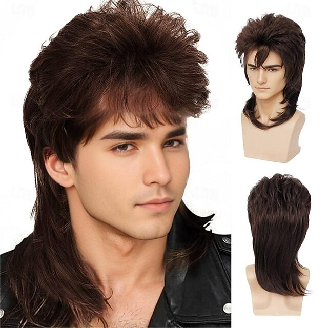 Sallcks Mens Mullet Wigs Brown Curly 70s 80s Retro Cosplay Costume Wig Rocker Disco Fancy Show 