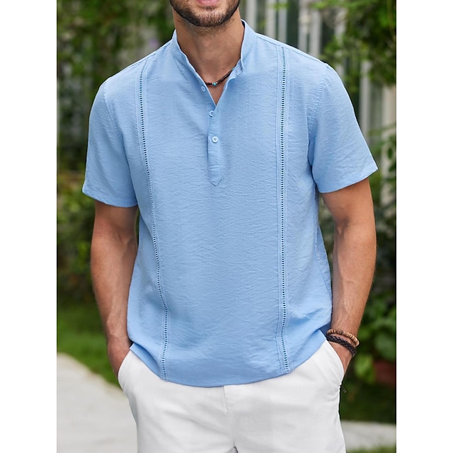  Pánské Košile plátěná košile Košile Guayabera Letní košile Plážová košile Bílá Vodní modrá Khaki Krátký rukáv Bez vzoru Kulatý límeček Léto Jaro Ležérní Denní Oblečení