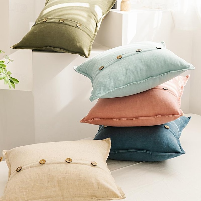  Funda de almohada de lino con botón, funda de almohada para sala de estar, funda de cojín de sofá refrescante, almohada decorativa para cama de color sólido