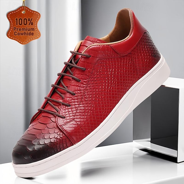  Men's Sneakers Leather Shoes Leather Italian Full-Grain Cowhide Comfortable Slip Resistant Lace-up Black Red