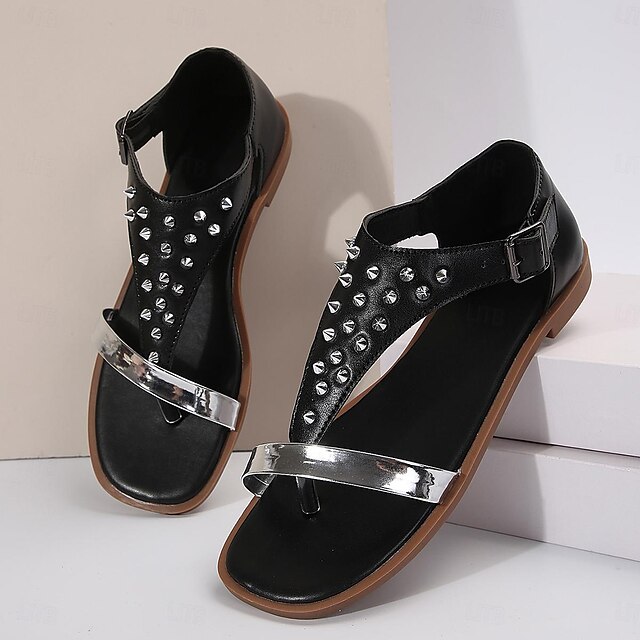  Dames Sandalen Romeinse schoenen Comfortabele schoenen Dagelijks Siernagel Blok hiel Platte hak Vierkante Teen Casual minimalisme PU Gesp Zwart