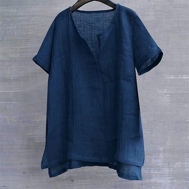  Men's Shirt Cotton Linen Shirt White Cotton Shirt Casual Shirt Plain Vacation Street Black White Royal Blue Orange Short Sleeve V Neck Summer Clothing Apparel