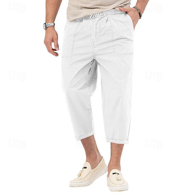  Men's Cropped Pants Beach Pants Casual Pants Pocket Drawstring Elastic Waist Plain Comfort Ankle-Length Sports Outdoor Daily Fashion Casual Black White Micro-elastic