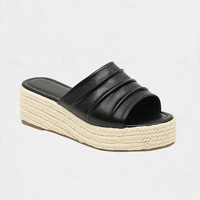  Mujer Zapatillas Playa de Boho Sandalias con Cuña Alpargata Plataforma Vacaciones Cuero microbiano Negro Blanco
