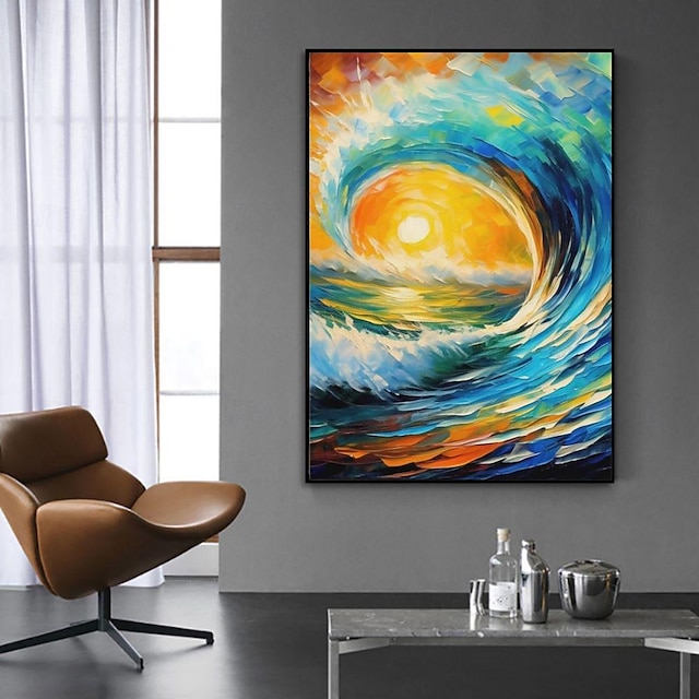  Pintura al óleo hecha a mano lienzo arte de la pared decoración olas del mar amanecer paisaje abstracto para la decoración del hogar pintura sin marco enrollada sin estirar