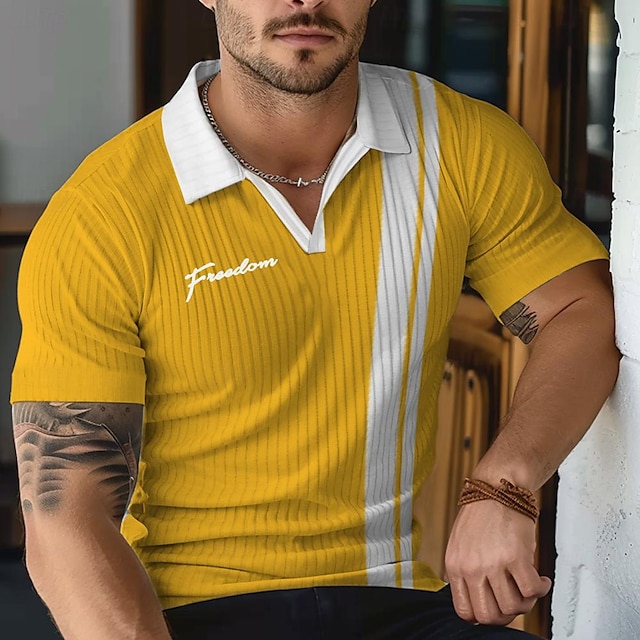  Solid Color Stripes Men's Business Casual Polo Shirt Business Casual Polyester Short Sleeve V Neck Polo Shirts Yellow Summer Spring S M L Micro-elastic Lapel Polo