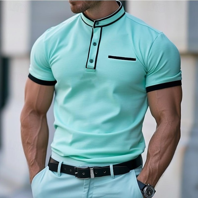  Men's Polo Shirt Golf Shirt Casual Holiday Stand Collar Short Sleeve Fashion Basic Plain Button Summer Regular Fit Mint Green Polo Shirt