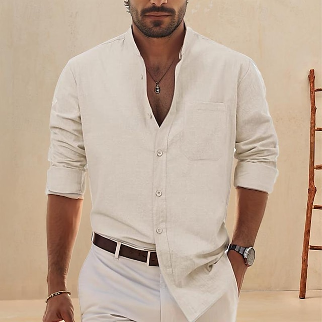  Men's Shirt Cotton Linen Shirt White Cotton Shirt Casual Shirt Black White Wine Long Sleeve Plain Band Collar Spring &  Fall Hawaiian Holiday Clothing Apparel Button-Down