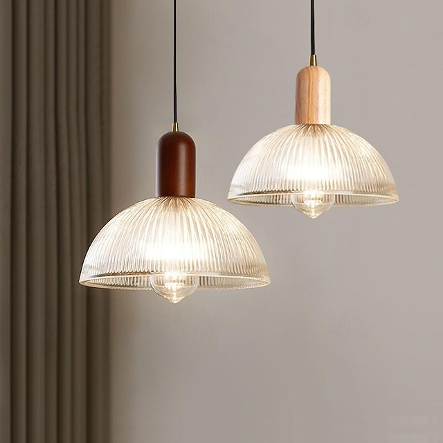  Vintage Semicircular Strpe Glass Pendant Light with Wood Decor for Kitchen Island with E26 Socket Bar Counter Ajustable Height Suspension Lamp for Bedroom Reataurant Loft Cafe Reading