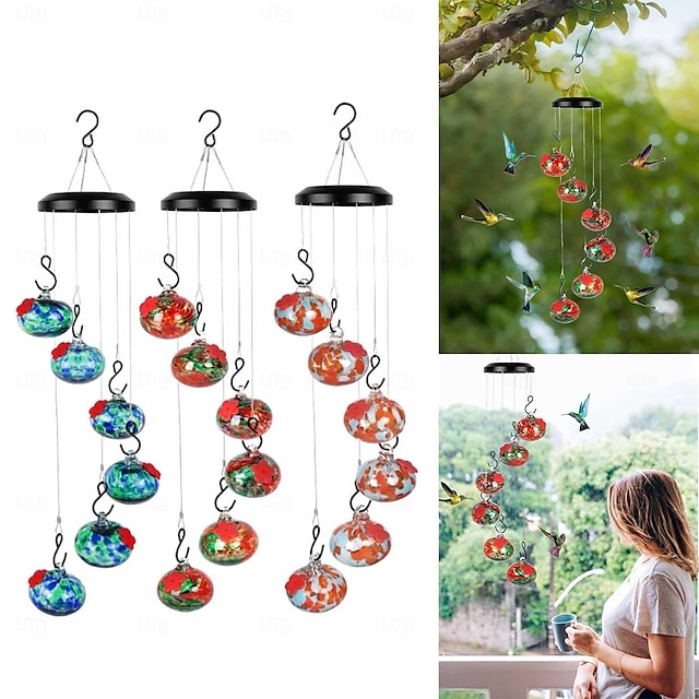  Windspiel-Kolibri-Futterspender, mundgeblasene Kolibri-Futterspender aus Glas zum Aufhängen im Freien, 6 Futterstationen, einzigartige Gartendekoration, Kolibri-Geschenke